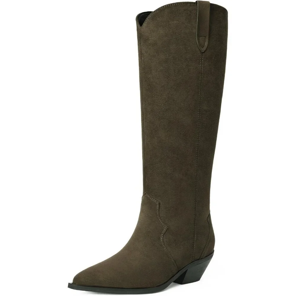 Women's Green Knee High Faux Suede Western with 2 IN Chunky Heel Pointed